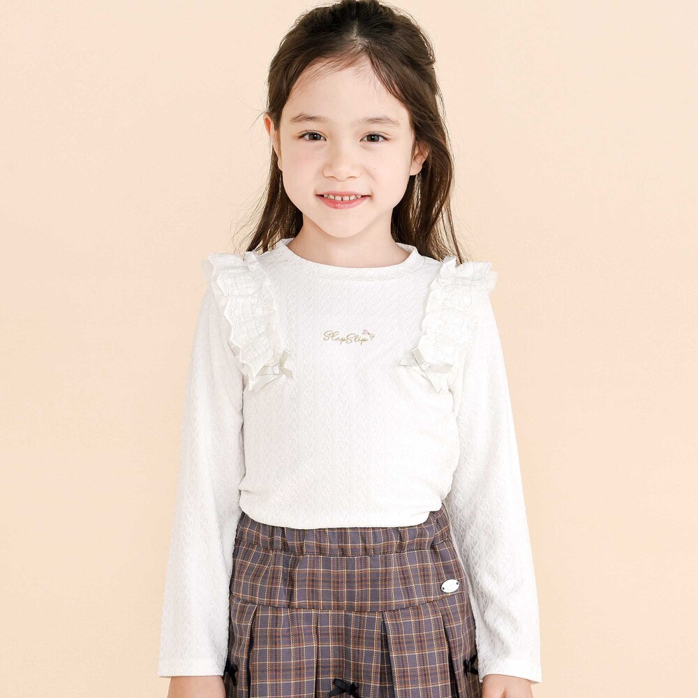 肩フリルハート刺しゅう長袖Tシャツ(80~130cm) ホワイト 80cm