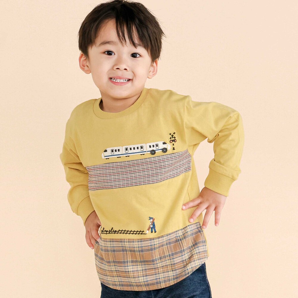 電車モチーフチェック切り替え長袖Tシャツ(80~130cm) イエロー 80cm