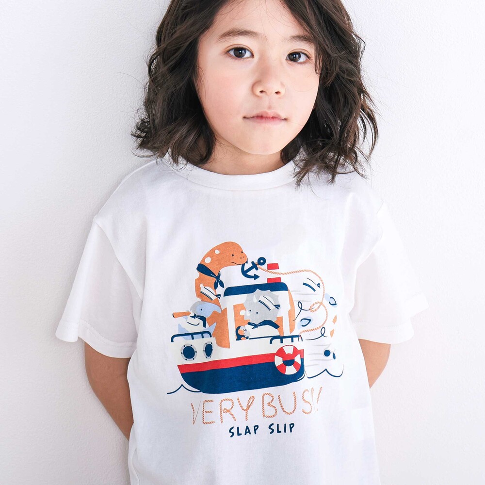 【スララク/吸汗速乾/接触冷感/オーガニックコットン】わくわく男の子半袖Tシャツ(80~130cm) ホワイト×恐竜の水兵さん 80cm