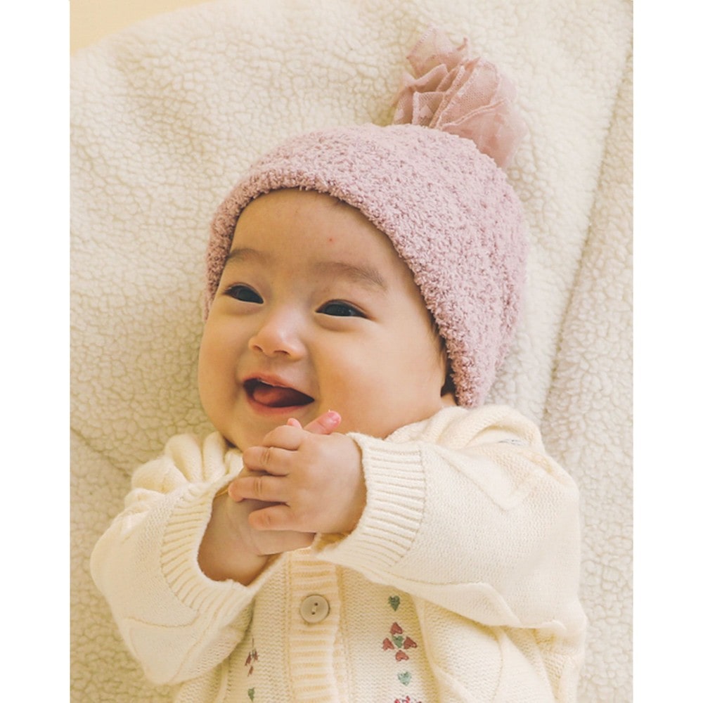 ケーブル編み ハート チュール リボン ニット帽 帽子 ベビー (44~48cm) ピンク ワンサイズ