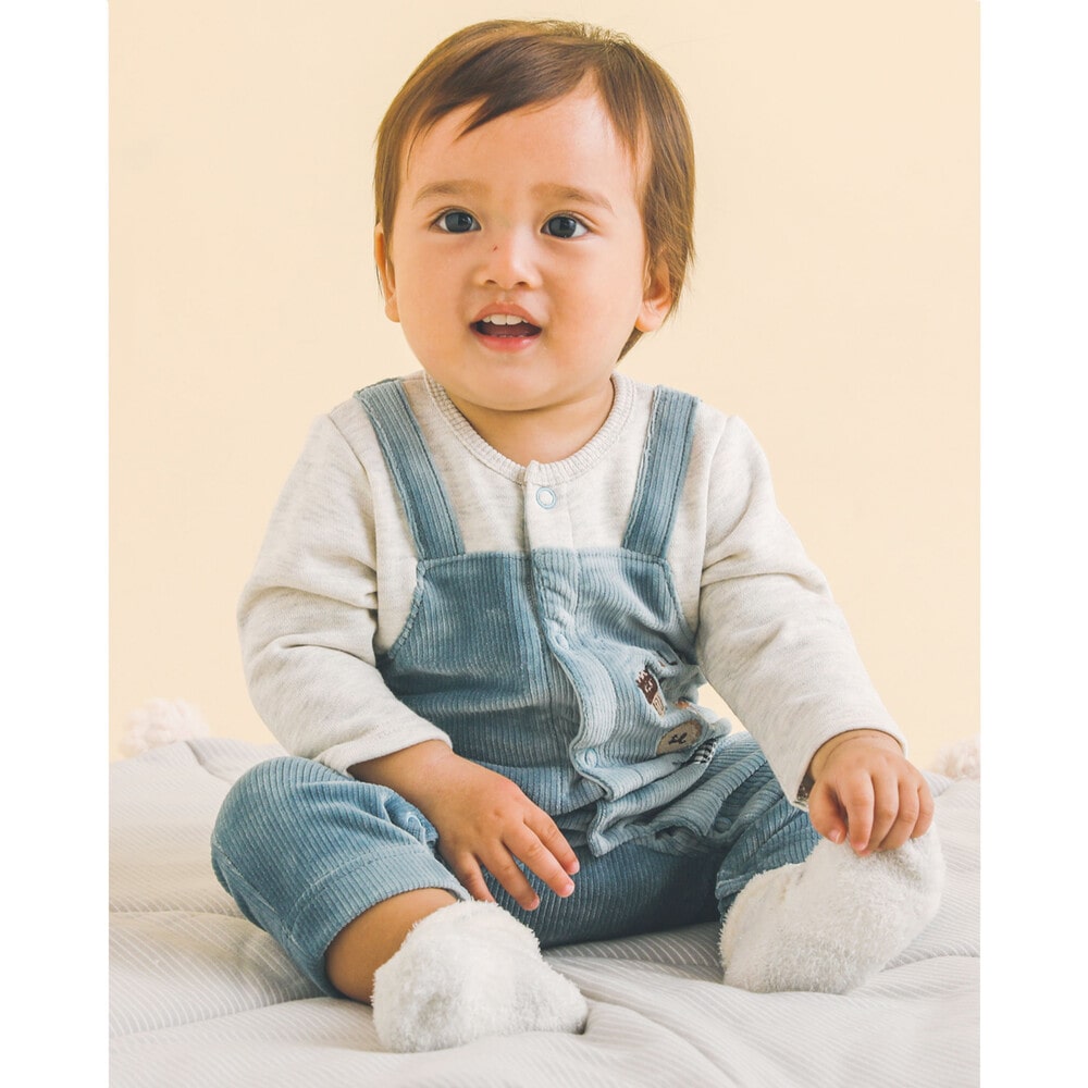 クッキー くま 刺繍 サロペット ドッキング ロンパース ベビー (60~80cm) ブルー 60cm