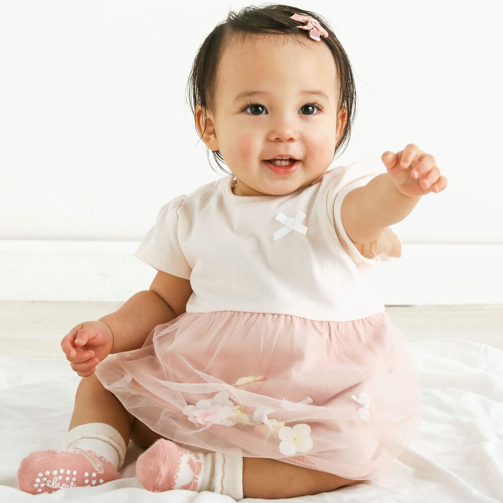 【お揃い】お花モチーフフワフワチュールロンパースベビー(70~80cm) ピンク 70cm