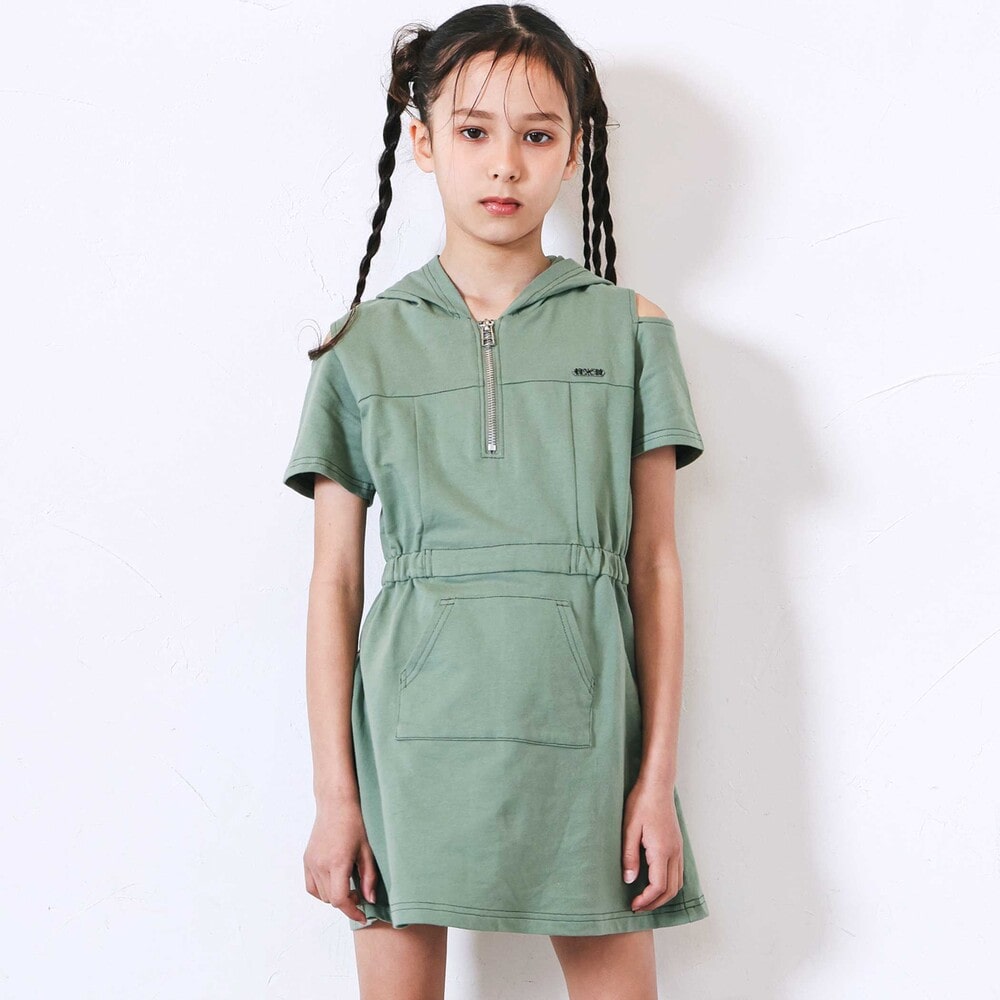 フルジップ肩あきフードワンピース(110~150cm) グリーン 110cm