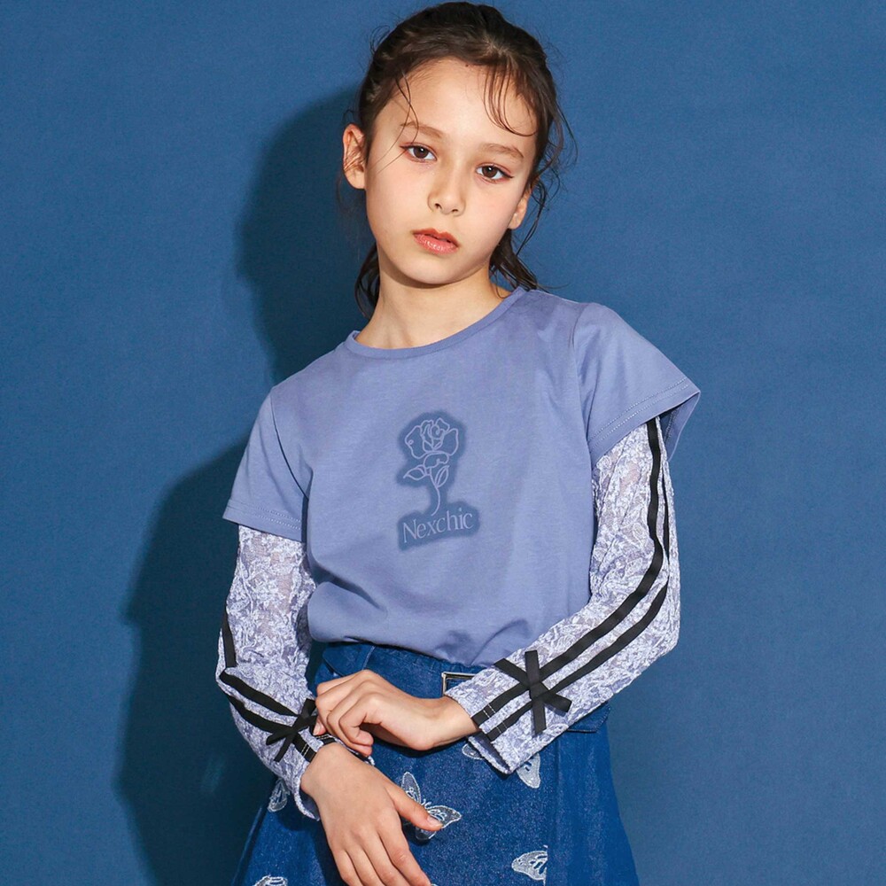 ニットレース長袖Tシャツ+半袖Tシャツセット(110~150cm) ブルー 110cm