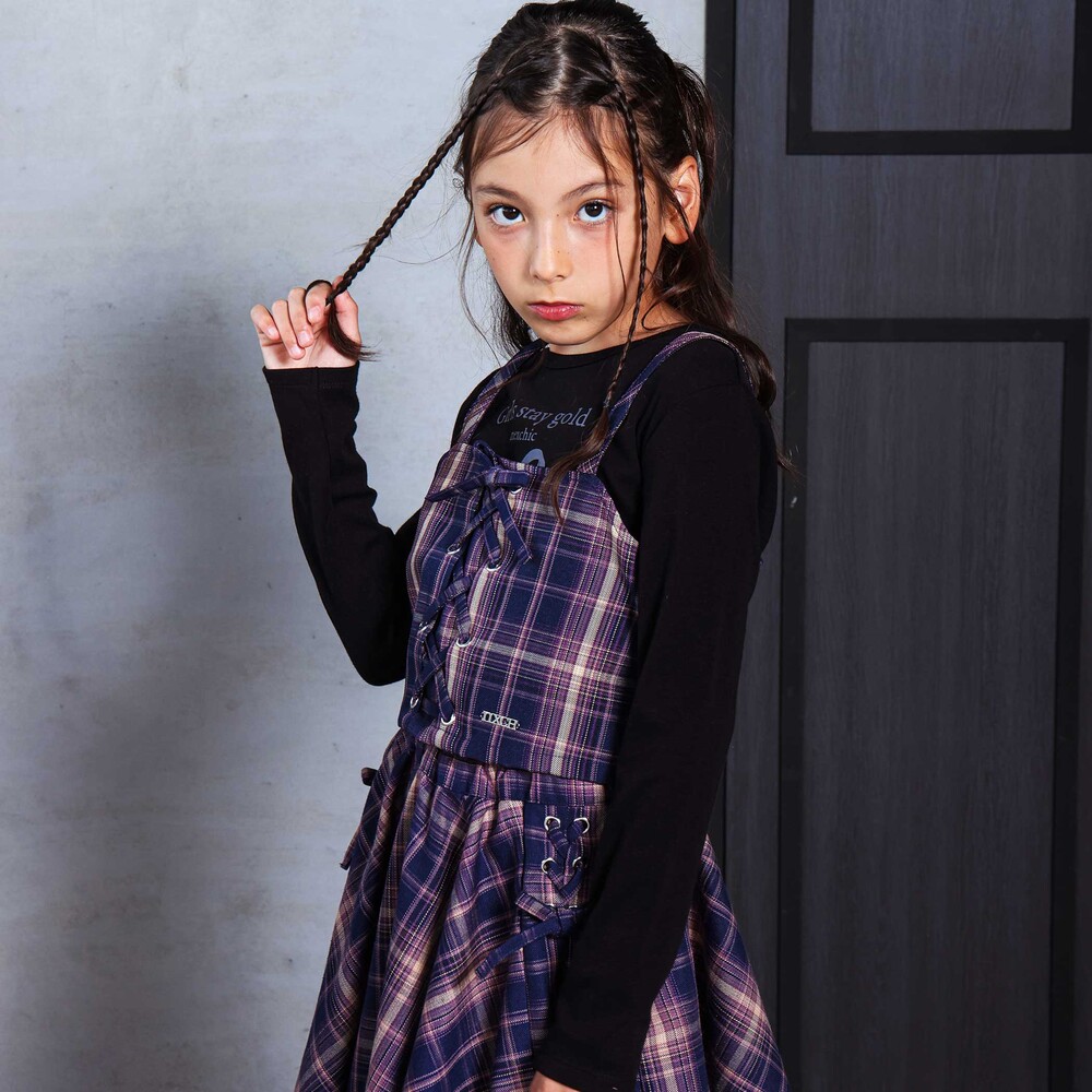チェックレースアップビスチェ&ロゴプリントTシャツセット(110~150cm) ネイビー系 110cm