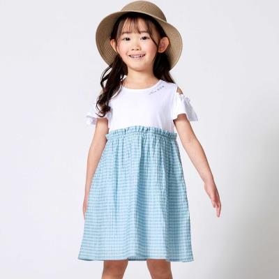 シアーチェックドッキング肩開きワンピース(90~150cm)