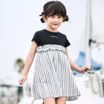 【お揃い】ナチュラルストライプ天竺切り替えウエストフリル半袖ワンピース(90~150cm)