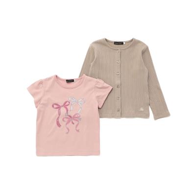 ランダムリブ長袖カーディガン+天竺リボンプリント半袖Tシャツセット(90~150cm)
