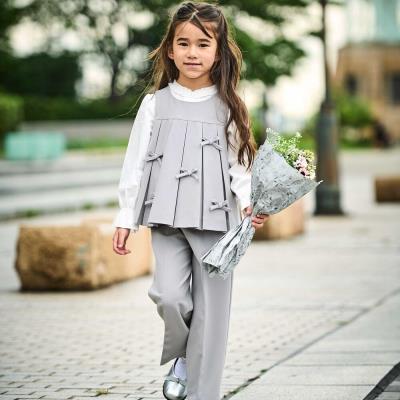 プリーツリボンブラウス+ロングパンツ セットアップ(90~150cm)