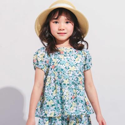 【お揃い】ドビーフラワーガーデンプリントパフスリーブブラウス(100~140cm)