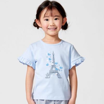 袖フリルエッフェル塔ハートモチーフ天竺半袖Tシャツ(80~150cm)