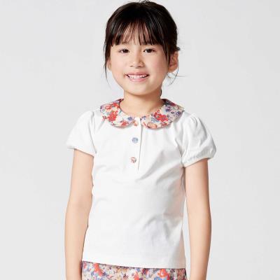 【お揃い】【DEVEAUX】フラワープリント丸襟くるみボタンパフスリーブTシャツ(90~140cm)