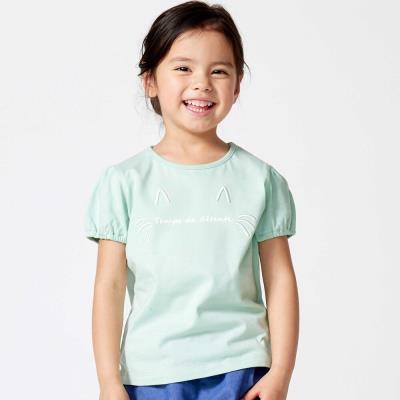 【抗菌・防臭】ネコ刺しゅう天竺パフスリーブTシャツ(90~130cm)