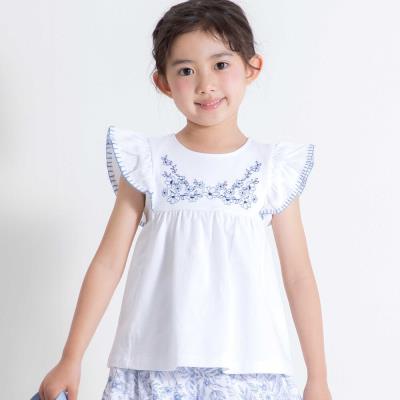 フラワー刺しゅう天竺フリル袖フレアTシャツ(90~150cm)