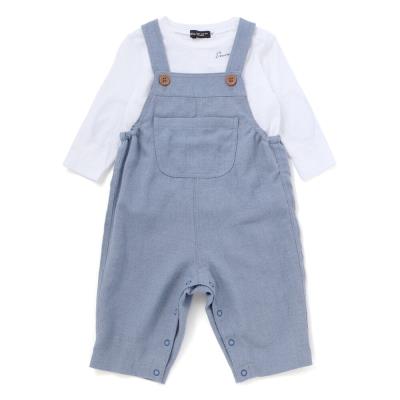 スラブ天竺肘パッチ長袖Tシャツ+オーバーオールセット(80~90cm)