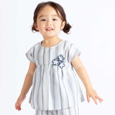 【お揃い】リネン調マルチストライプフラワーモチーフブラウス(80~100cm)