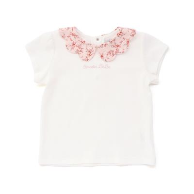 【お揃い】フラワープリントスカラップ襟半袖針抜きTシャツ(80~100cm)