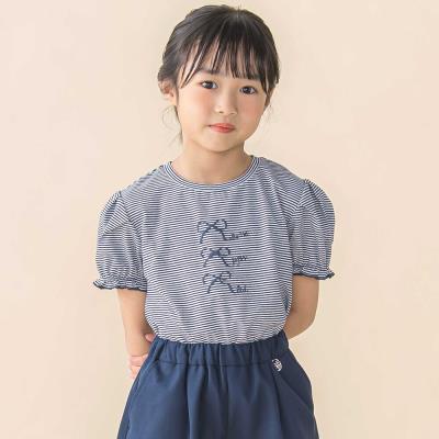 ベア天竺細ボーダーリボンプリントパフスリーブTシャツ(95~160cm)