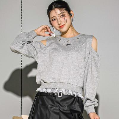 スタッズ×肩開きレースレイヤード風長袖トレーナー(130~160cm)