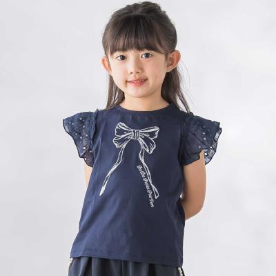 袖異素材リボン刺しゅうTシャツ(95~160cm)