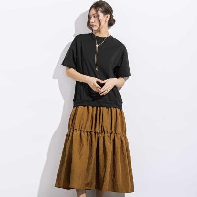 (ペチコート付)ポンチ+メタリックボイルスカートドッキング半袖ワンピース親子お揃い大人(140~160cm)