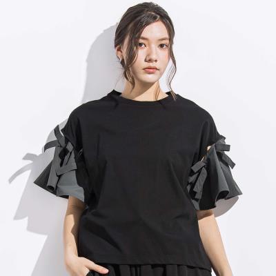 リムーバブルリボンフレア袖スムース半袖Tシャツ親子お揃い大人(140~160cm)