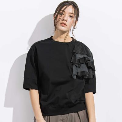 異素材MIXショルダーフリル天竺半袖Tシャツ親子お揃い大人(140~160cm)