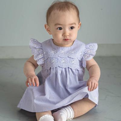 【お揃い】コットンブロードストライプパンチングレースフリル袖ワンピース＋ブルマセットベビー(70～90cm)