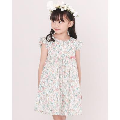 日本製 コットン 花柄 リボン フリル ワンピース (90～130cm）(90cm 