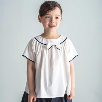 【前後着用可能】【お揃い】リボン付きパフスリーブ シャツブラウス(100～140cm)