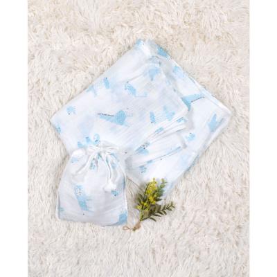 ☆値下げ　美品　ワンダフルワールド  和柄縮緬　朝顔、風鈴　エプロン ガーゼ総柄プリントスワドル(ﾜﾝｻｲｽﾞ 動物柄(ブルー系）): 新生児