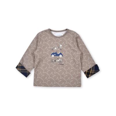 星柄 接結 袖先 チェック 切り替え 車 プリント 長袖 Tシャツ(70~90cm)