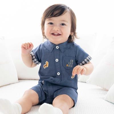 森のどうぶつプリントワッペン付きダンガリー半袖カバーオール(70~80cm)