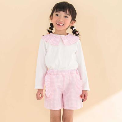 【お揃い】ギンガムチェック付け襟Tシャツ+パンツセット(80~130cm)