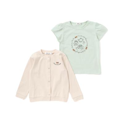 ティータイムプリント天竺半袖Tシャツ＋リボン付きスムース長袖カーディガンセット(80~130cm)