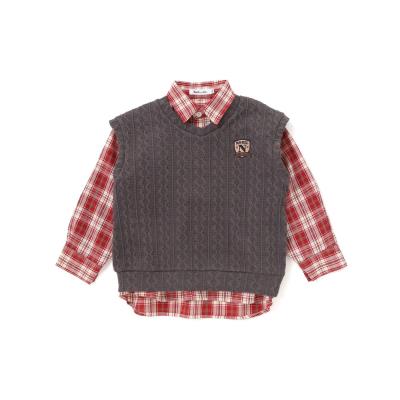 【お揃い】タータンチェックシャツ＋ケーブルジャガードベストセット(90~130cm)