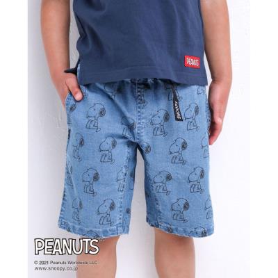 Bebe べべ Bebe Mall Official Online Store Snoopy Noeil Aime Bebeコラボアイテム 総柄 スヌーピー ピーナッツ ストレッチ ツイル デニム ハーフパンツ 100 130cm 100cm ブルー ボトム ベベ モール オフィシャルオンラインストア