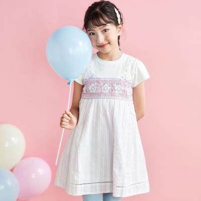 【お揃い】かぎ編み風レースビスチェドッキング天竺ワンピース(80~130cm)