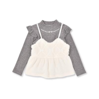 ラメ花キルトファーキャミソール+キラキラネックレス風プリント肩フリルトップス(80~140cm)