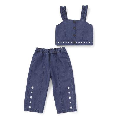 フリル肩ひもビスチェ+サイドプリントデニムパンツ2点セット(80~130cm)