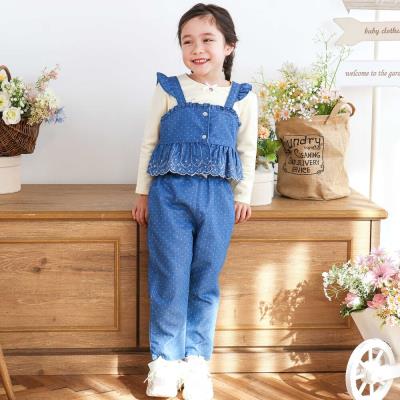 キラキラ刺しゅう裾スカラップ無地ドットライトオンスデニムセットアップ(90~130cm)