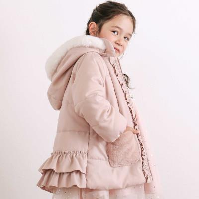 ふわふわファーポケットフリルたっぷり中綿ロングコート(90～130cm）