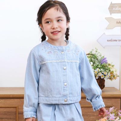 ツイルデニム後ろリボンレース刺しゅう入りノーカラージャケット(90~130cm)