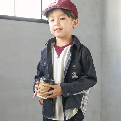 【お揃い】チェック柄後ろ切り替えフラップ胸ポケット付きデニムシャツ(90~130cm)