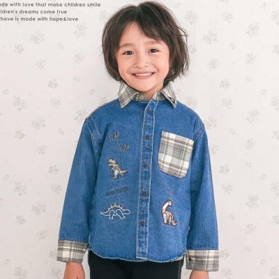 【お揃い】恐竜刺しゅう切り替えチェックデニムコーデュロイシャツ(80~130cm)