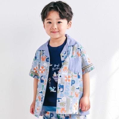 【接触冷感/お揃い】海の生き物恐竜果物総柄切り替え半袖シャツ(80~130cm)