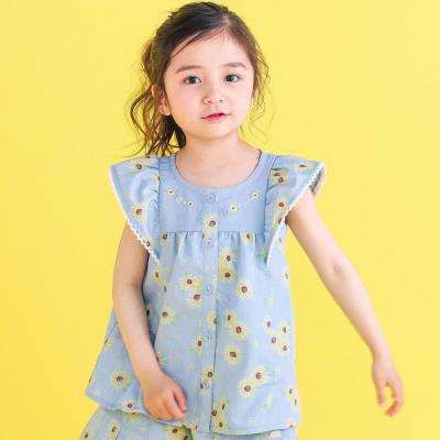 【お揃い】ハート&ひまわり総柄刺しゅう肩フリルレース&デニムブラウス(90~130cm)