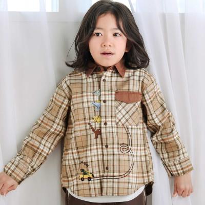 【お揃い】フロント恐竜モチーフ刺しゅうチェックシャツ(80~130cm)