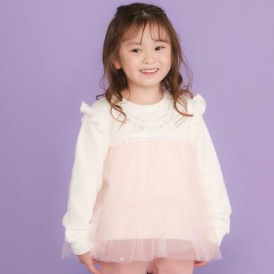 ネックレス風刺しゅうチュール切り替え肩フリルトレーナー(80~130cm)