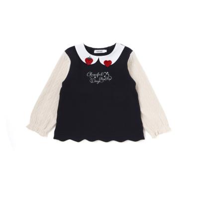 【裏起毛】ハートチェリーイチゴ刺しゅう襟付き袖切り替え裾スカラップトレーナー(80~130cm)